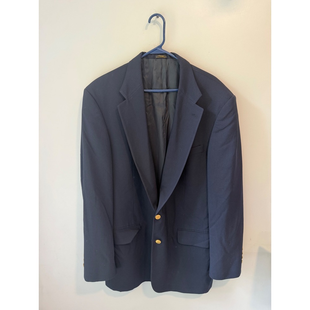 Deansgate Tailors Row‎ Mens 44L Navy Blue Worsted Wool Blazer Gold Crest Button